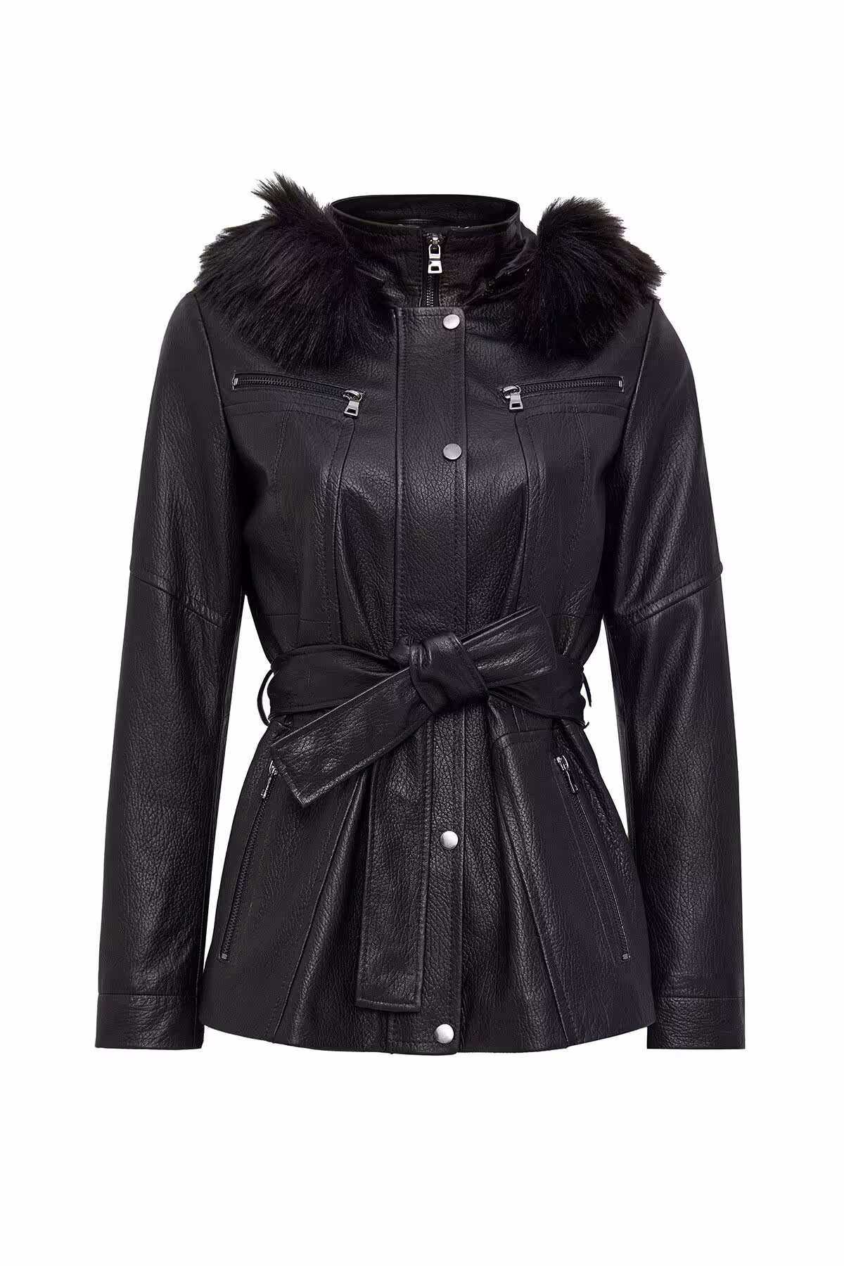 کاپشن مشکی زنانه ژاکت چرمی خز سیاه ربکا Derimod