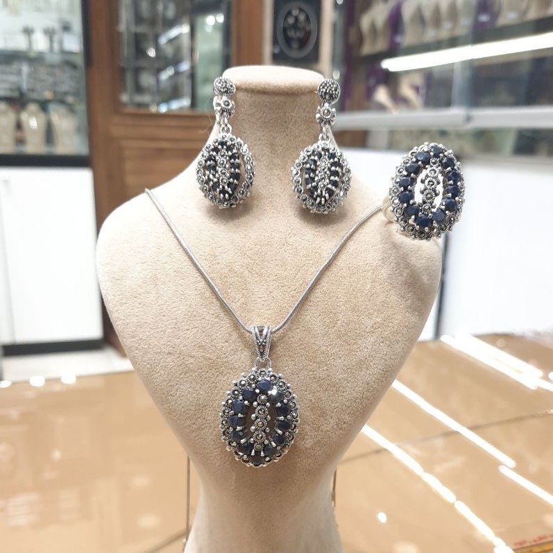 نیم ست نقره نگین آبی کبود