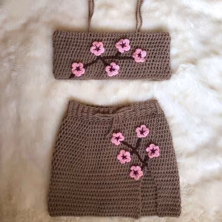 تاپ و دامن زنانه دستبافت کاموا درجه یک ترک با رنگبندی دلخواه گلدوزی شده