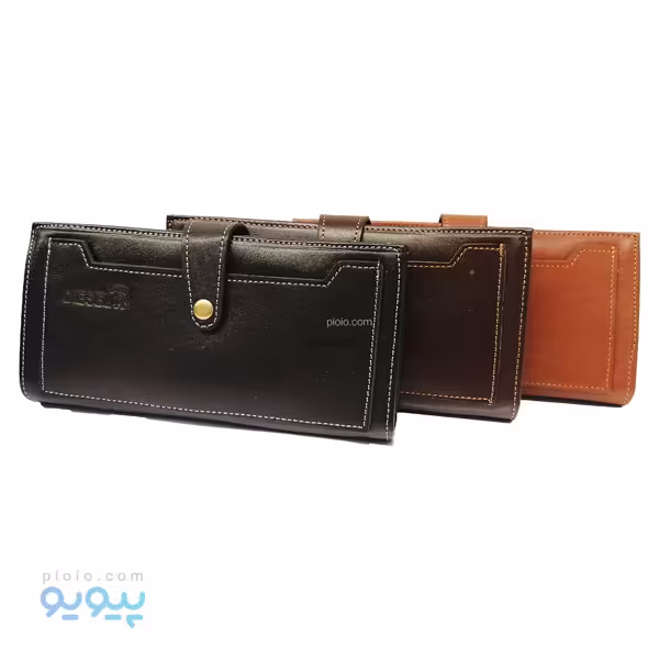 کیف پول دکمه دار چرم گاوی با جیب خارجی
