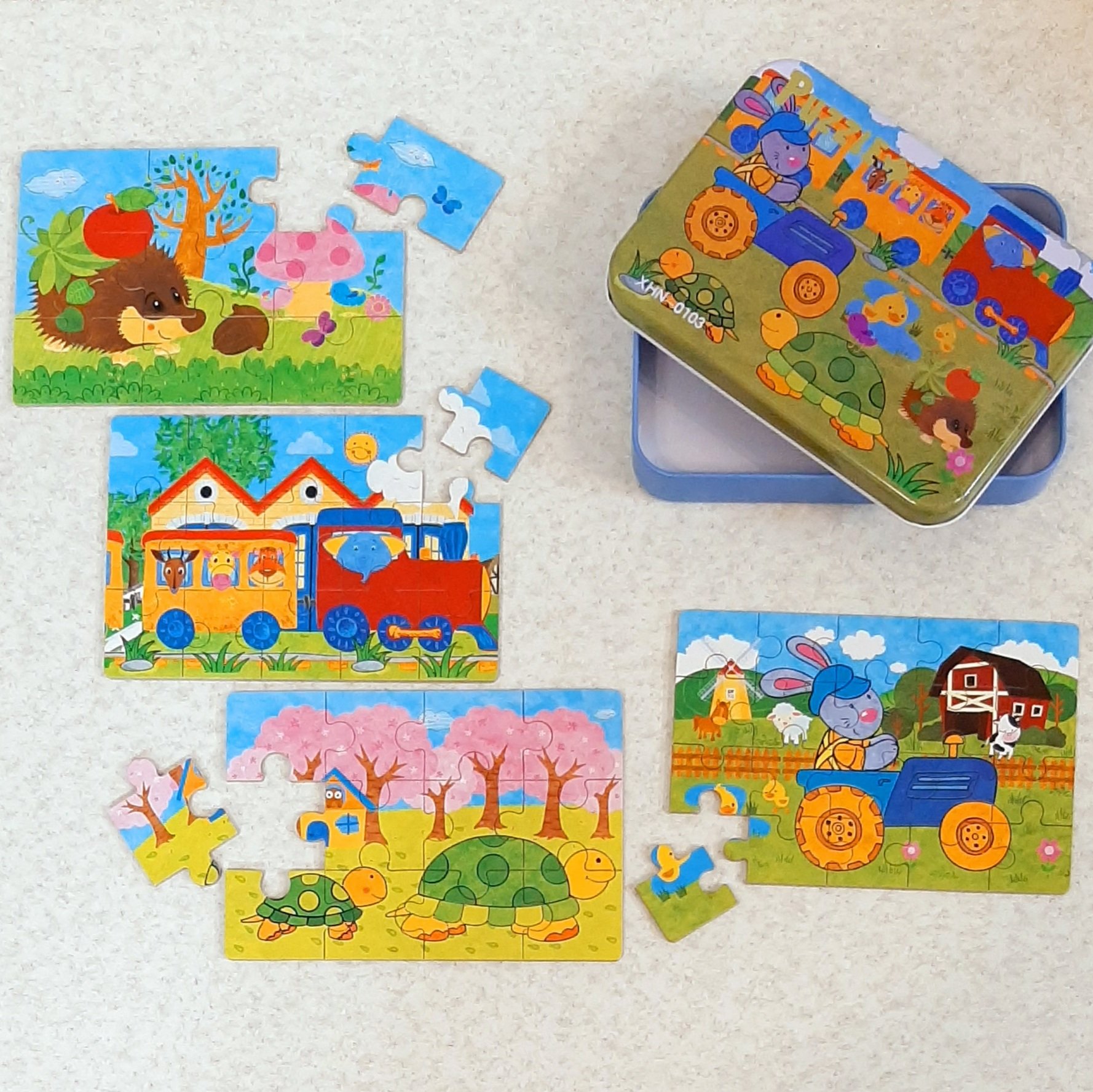 پازلی چوبی چهار عددی قوطی فلزی