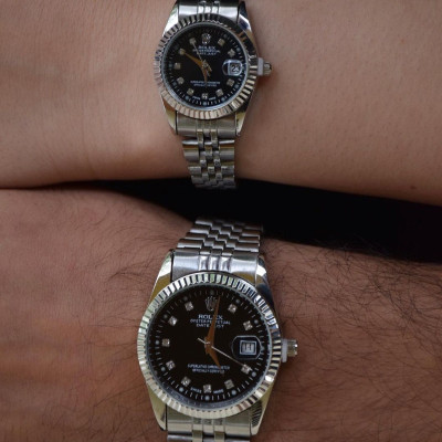 ست ساعت رولکس بنداستیل نقره‌ای صفحه مشکی