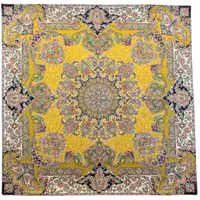 رومیزی مربع ترمه ابریشم کد TRM151 نفیس رنگ زرد قناری آستر کرم مغزی دوزی 
