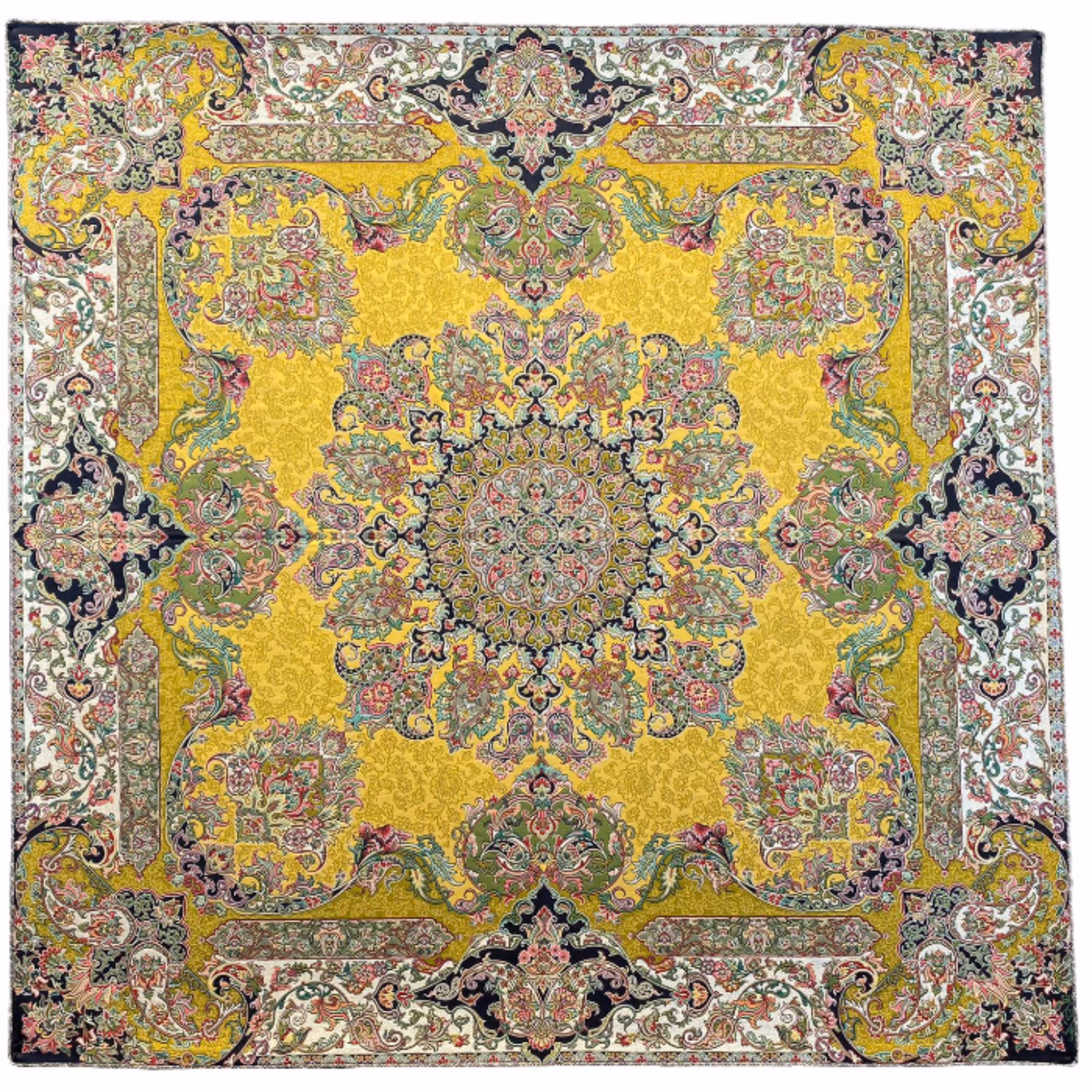 رومیزی مربع ترمه ابریشم کد TRM151 نفیس رنگ زرد قناری آستر کرم مغزی دوزی 