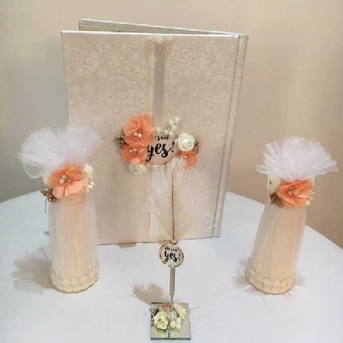 دفتربله برون- جاخودکاری و خودکار پر-قند ساب-5 تیکه- تم گلبهی- نگین کاری شده