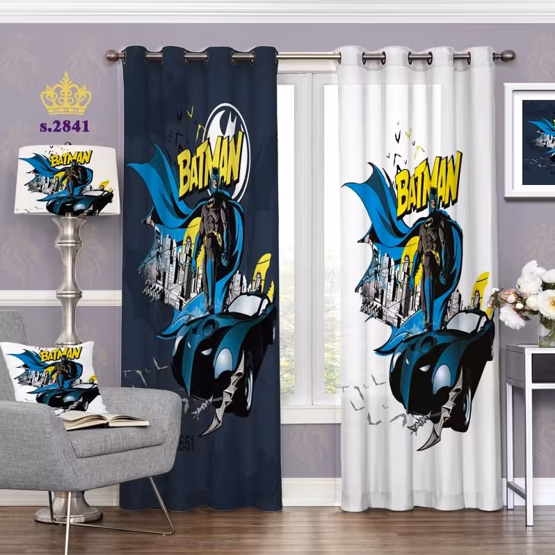 پرده اتاق خواب پسرانه دو قواره طرح کارتونی بتمن کد S2841
