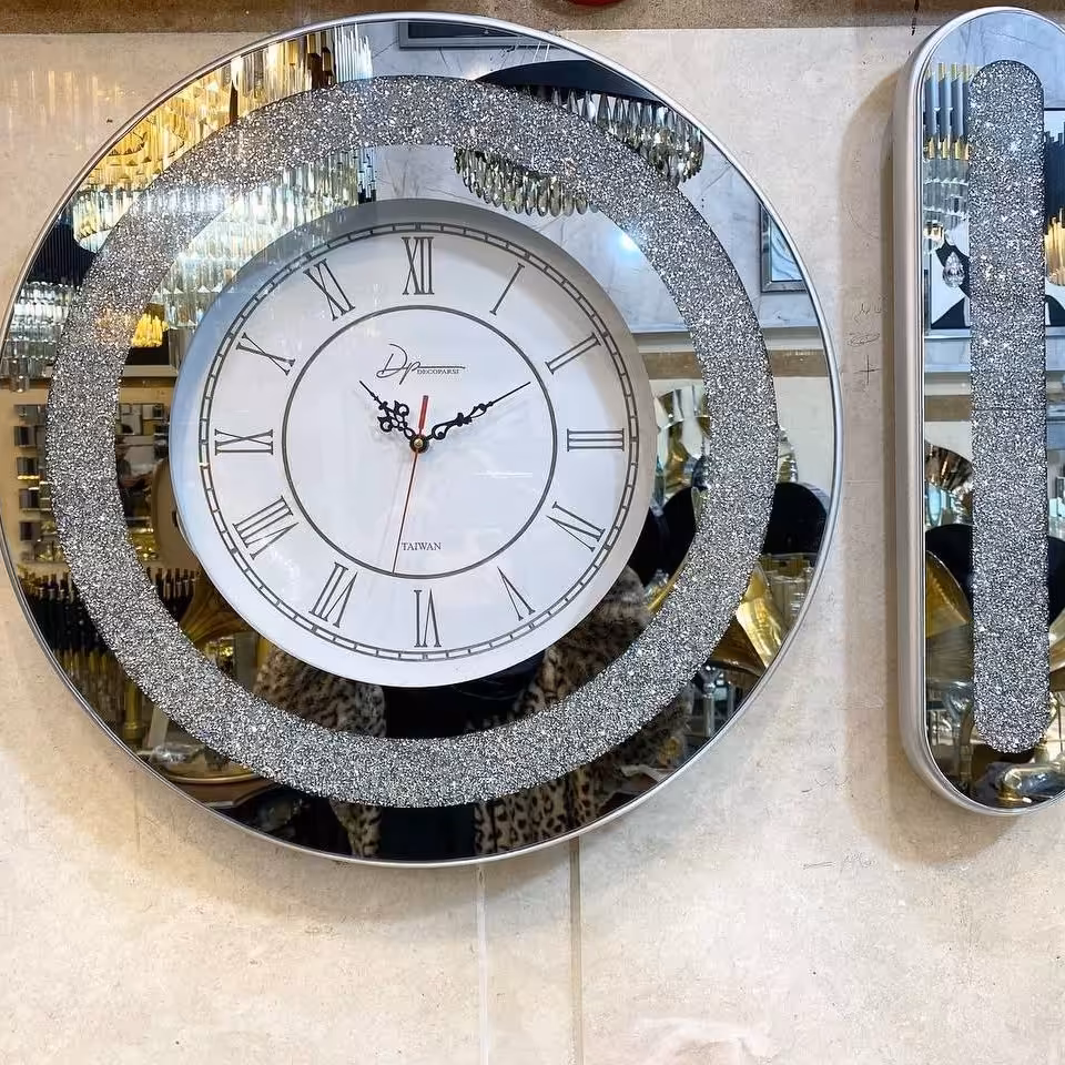 ساعت دیواری دکوراتیو آینه نگین گرد 