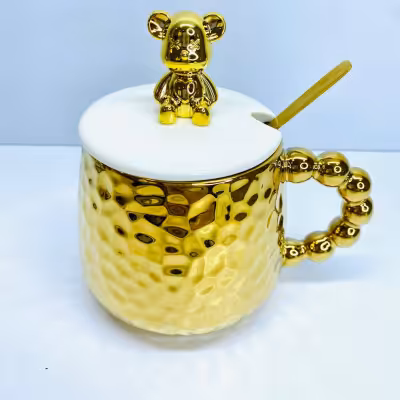 ماگ صدفی با طرح خرس با قاشق و درب صدفی