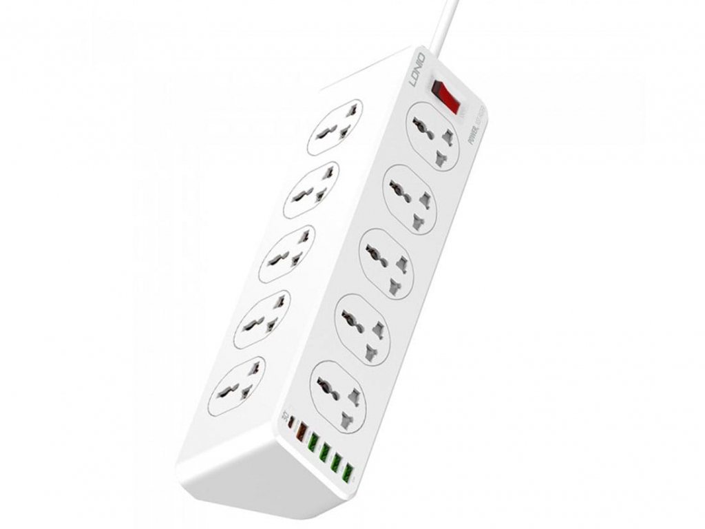 چندراهی برق 10 سوکت، 5 یواس‌بی و یک تایپ‌‎سی الدنیو Ldnio Power Strip 2500W 10 Sockets   4 USB Ports   1 Type-C PD Port   1 QC3.0 Port2 m UK Plug SC10610