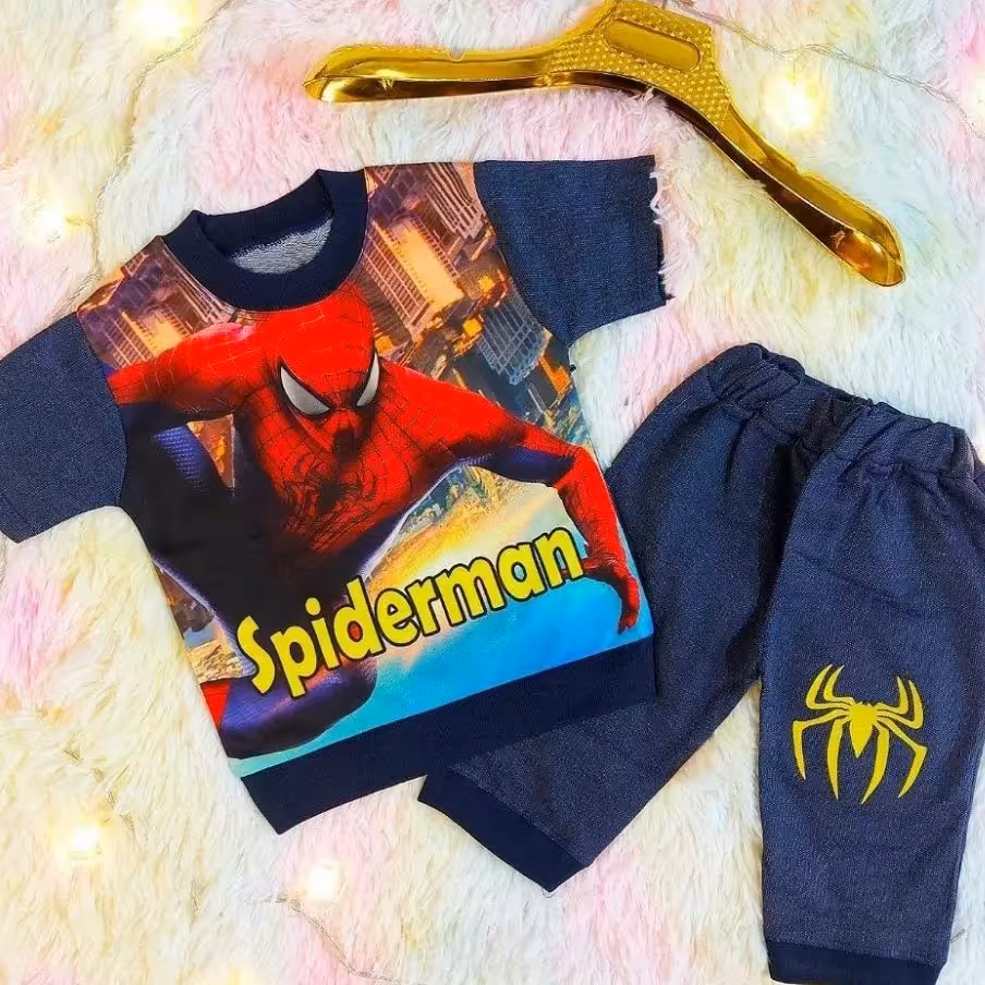 بلوز شلوارک طرح لی اسپرت پیش چاپ مرد عنکبوتی فقط یک عدد موجوده به قیمت عمده سایز 40مناسب بر تا دو سال فصل بهار و تابستان