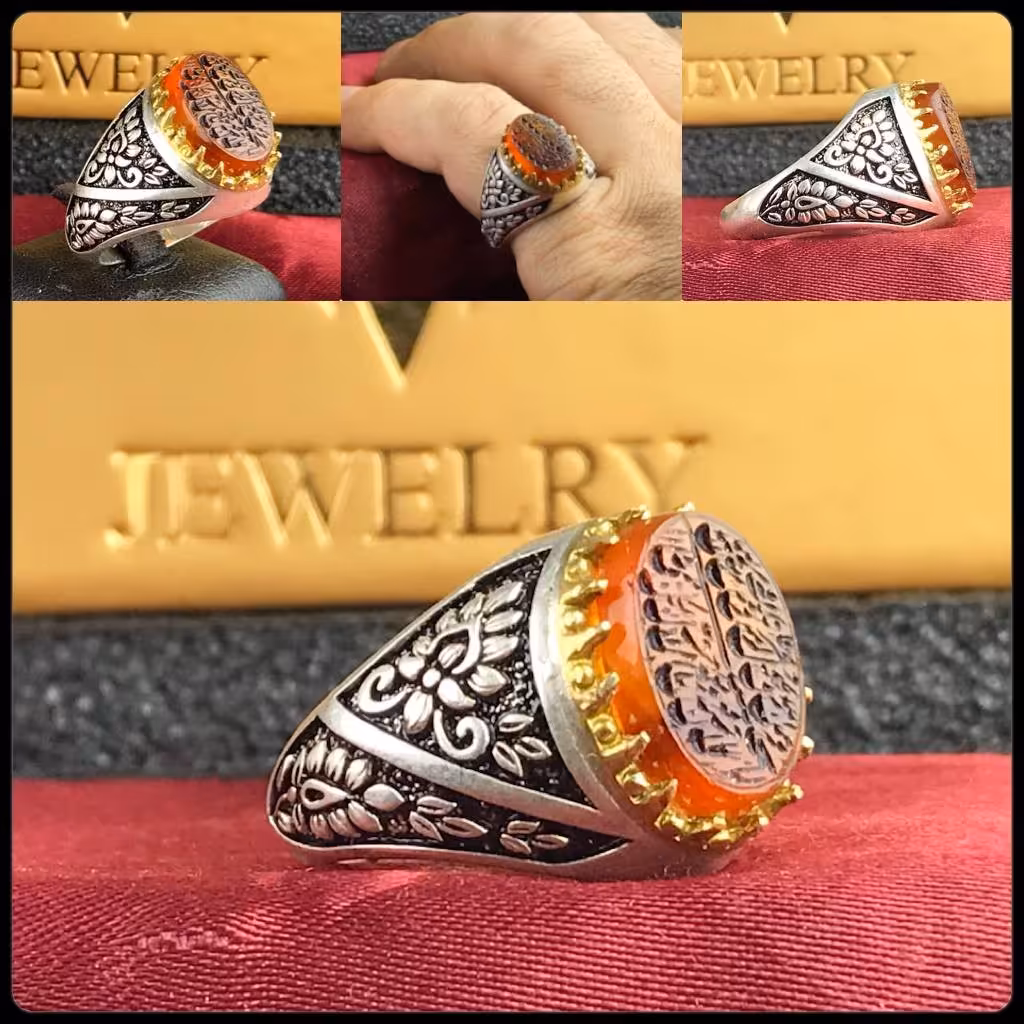 انگشتر زیبای عقیق یمنی اصلی  رکاب فیلی قلم زنی چنگی