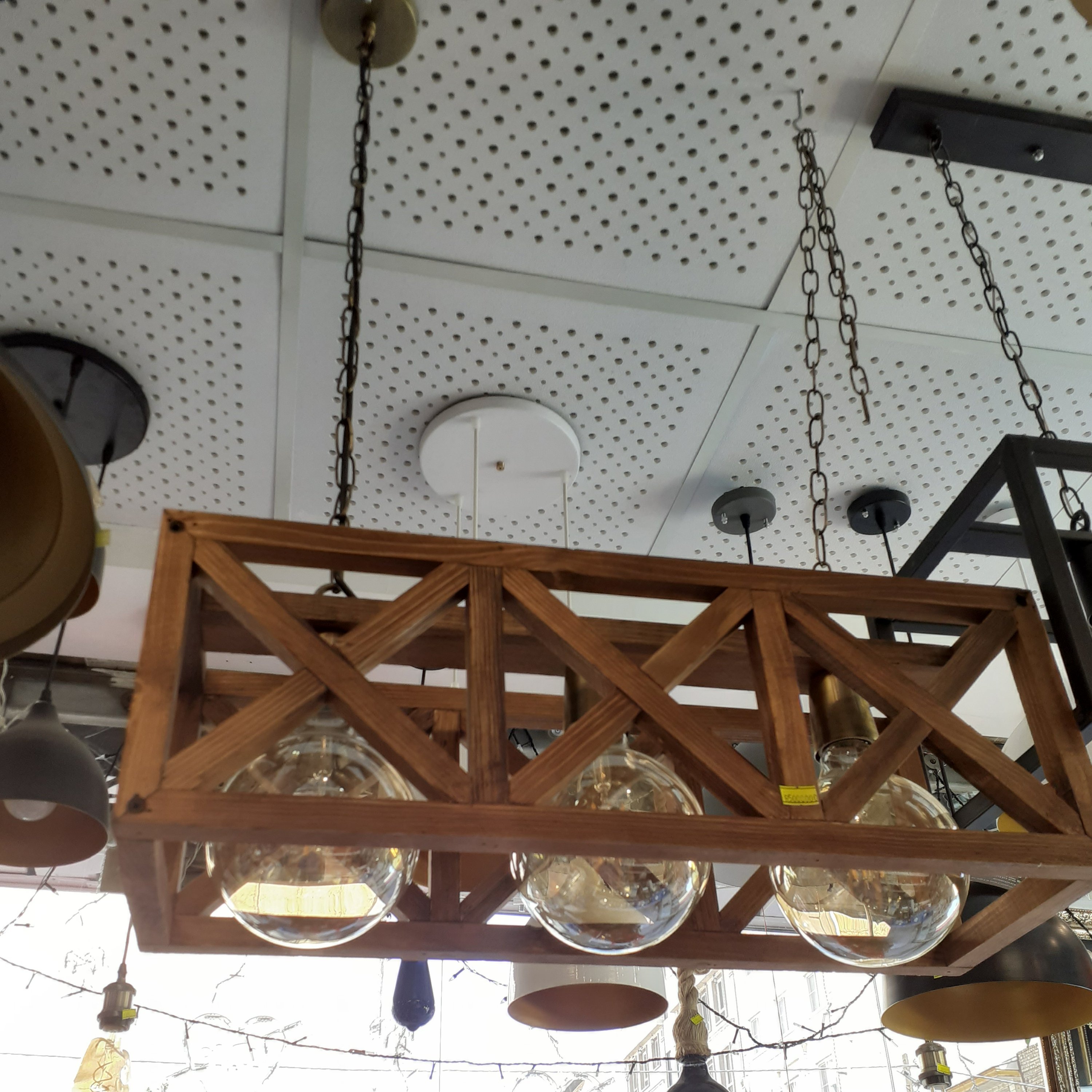 لوستر اویز سه شعله اتوبوسی چوبی مناسب روی اپن و میز ناهار خوری 