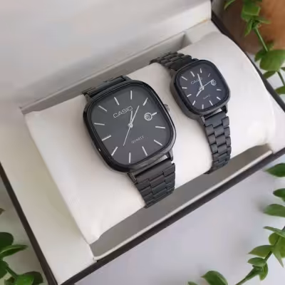 ساعت ست طرح کاسیو زنانه و مردانه بند استیل تمام مشکی