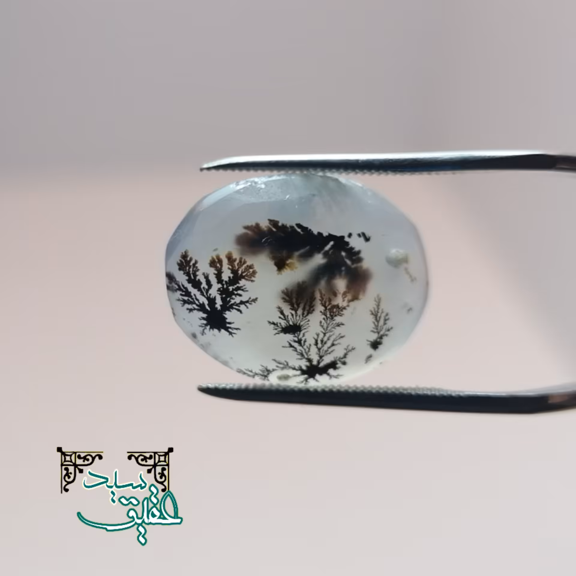 نگین عقیق شجر زمینه سفید و گل مشکی