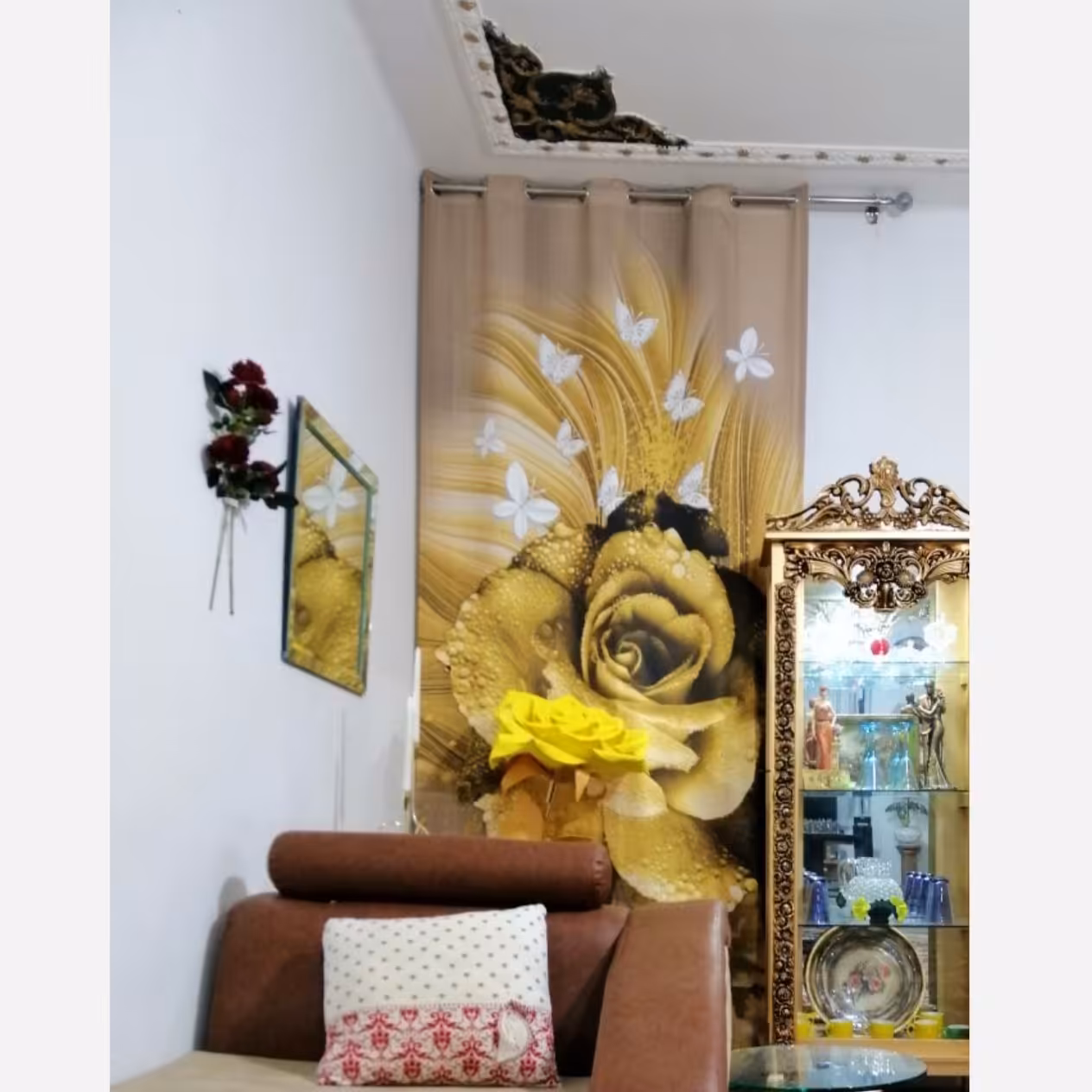 پرده پانچ چاپی طرح گل زیبا دو قواره با دوخت در ارتفاع دلخواه