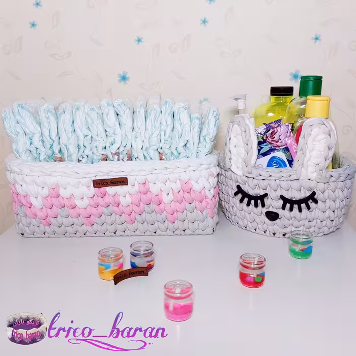 سبد تریکو دو تیکه سیسمونی تریکو طوسی صورتی - سبد زیکزاک و خرگوشی