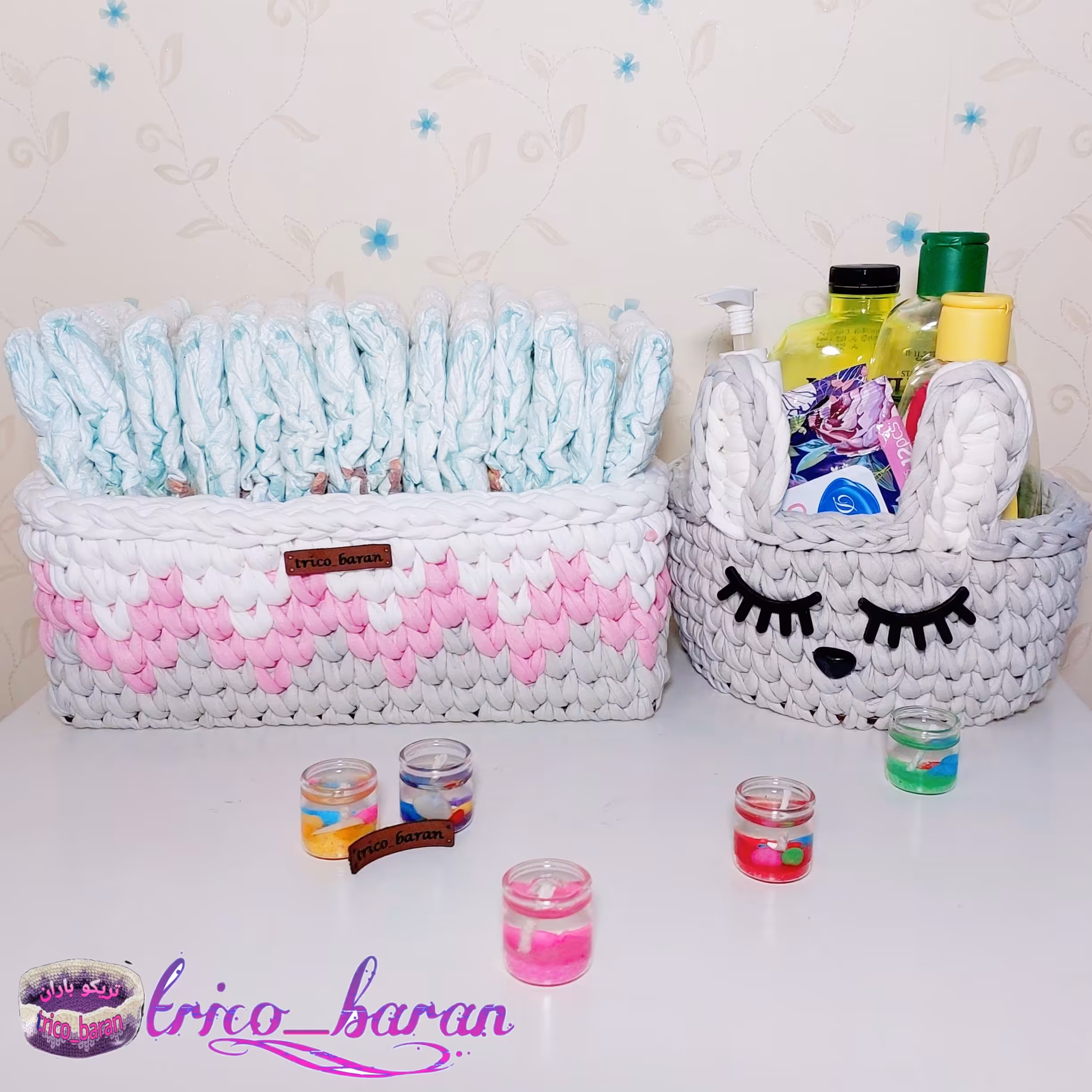 سبد تریکو دو تیکه سیسمونی تریکو طوسی صورتی - سبد زیکزاک و خرگوشی