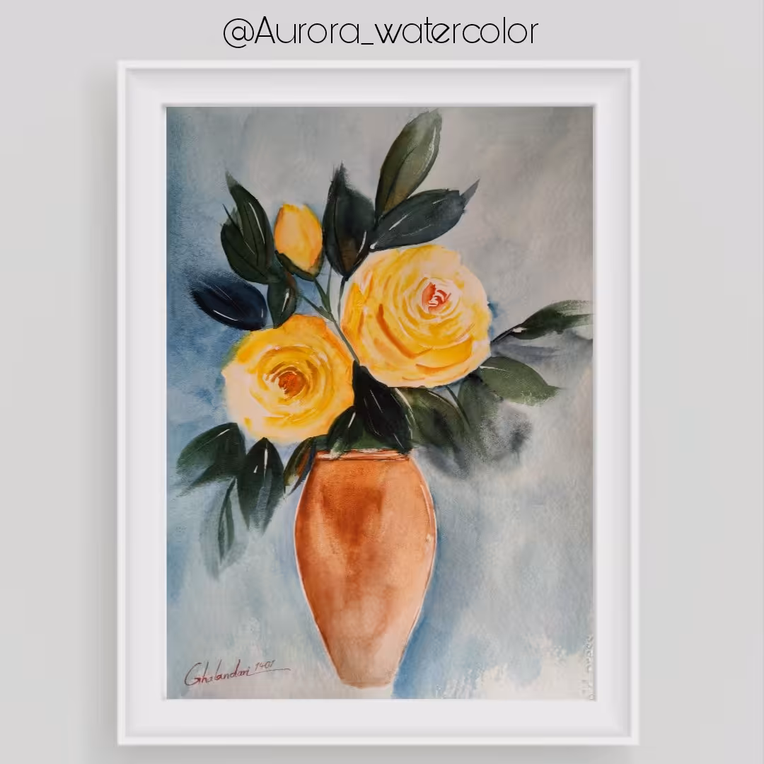 نقاشی گل رز  زرد تکنیک آبرنگ
