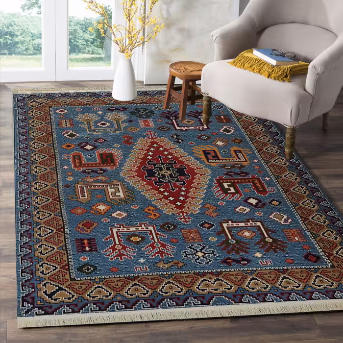 گلیم ماشینی  6متری (3-2) -هشت رنگ-طرح ارغوان آبی-ارسال پس کرایه