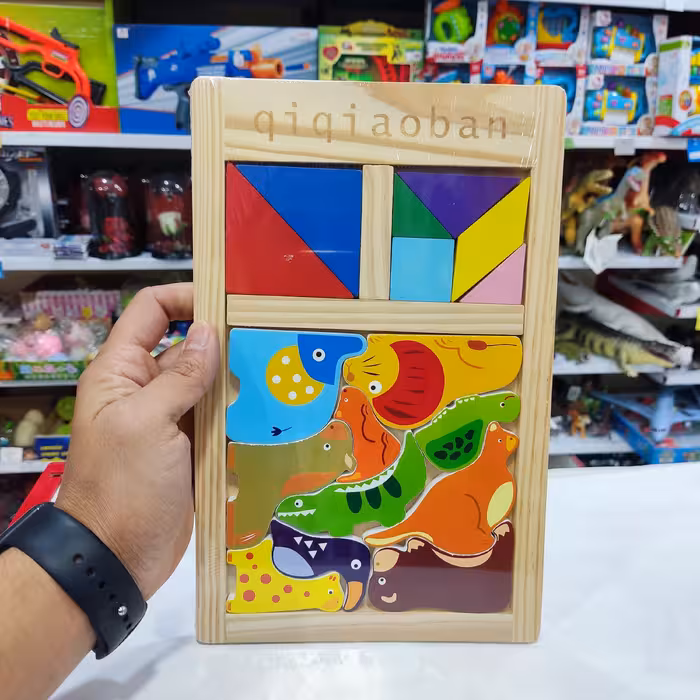 اسباب بازی فکری چوبی تانگرام جا به جایی اشکال و حیوانات