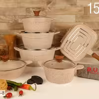 سرویس قابلمه چدن گرانیتی 15 پارچه رنگ کرم برند بی وی کی.BVK