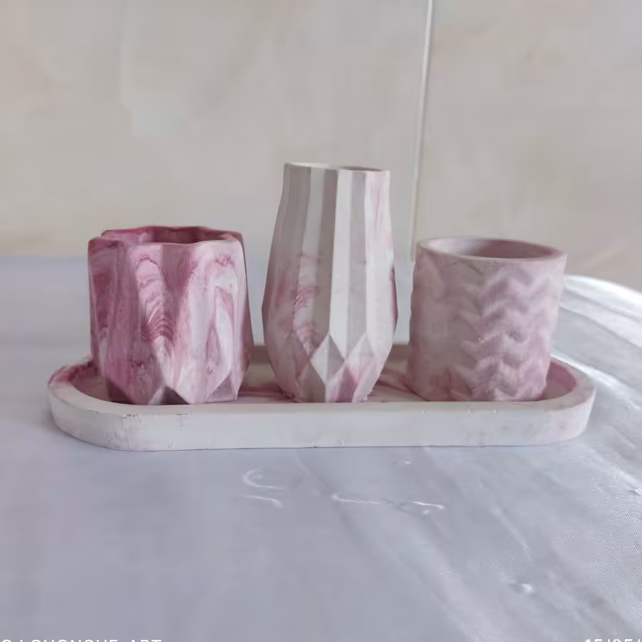 ست گلدان و سینی بتنی دکوری رگه ای بنفش