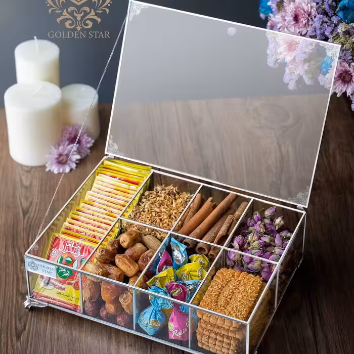 جعبه تیبگ شکلات خوری ظرف سرو شیشه ای استیل 7خونه