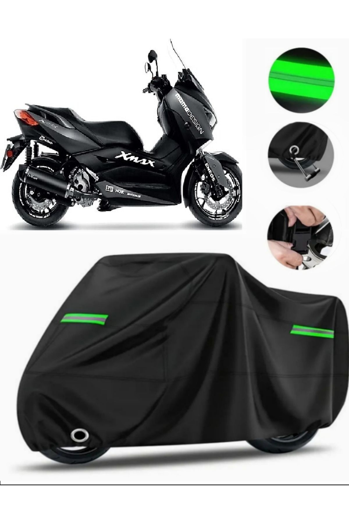 چادر موتورسیکلت مشکی YAMAHA X MAX 250 MOMODESIGN MONTACIATION MOTORCYCLE TARPAULIN PREMIUM سازگار با قفل سیاه MotoEn