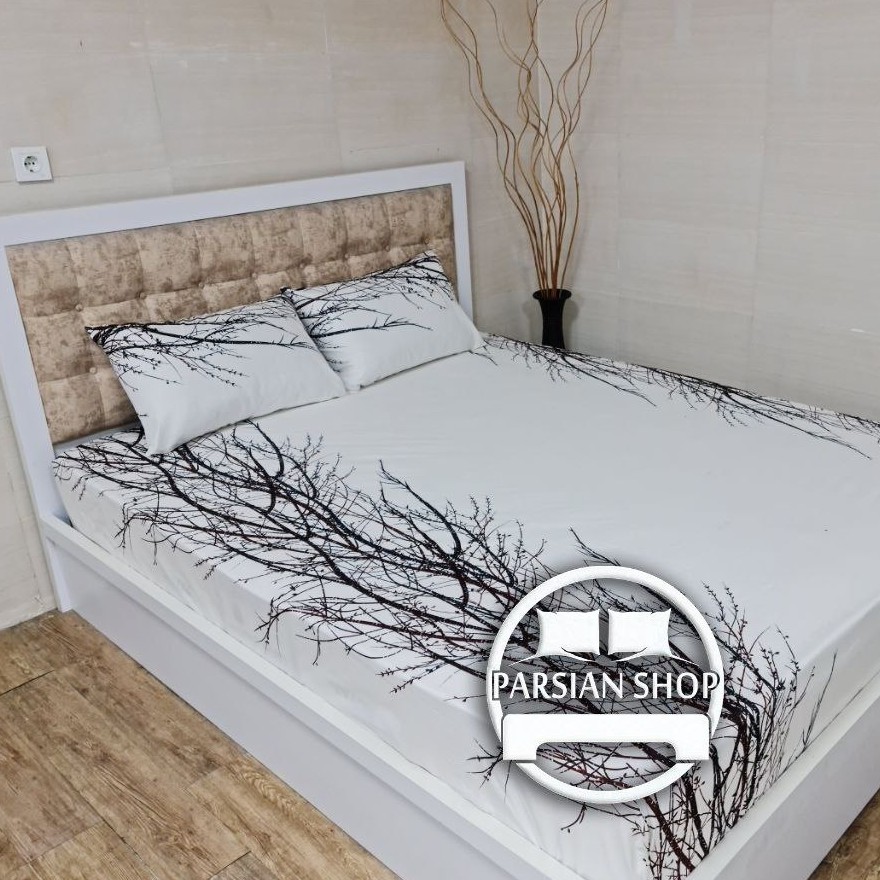 نیم ست ملحفه کشدار خوشخواب  دو نفره شاخه سفید مشکی
