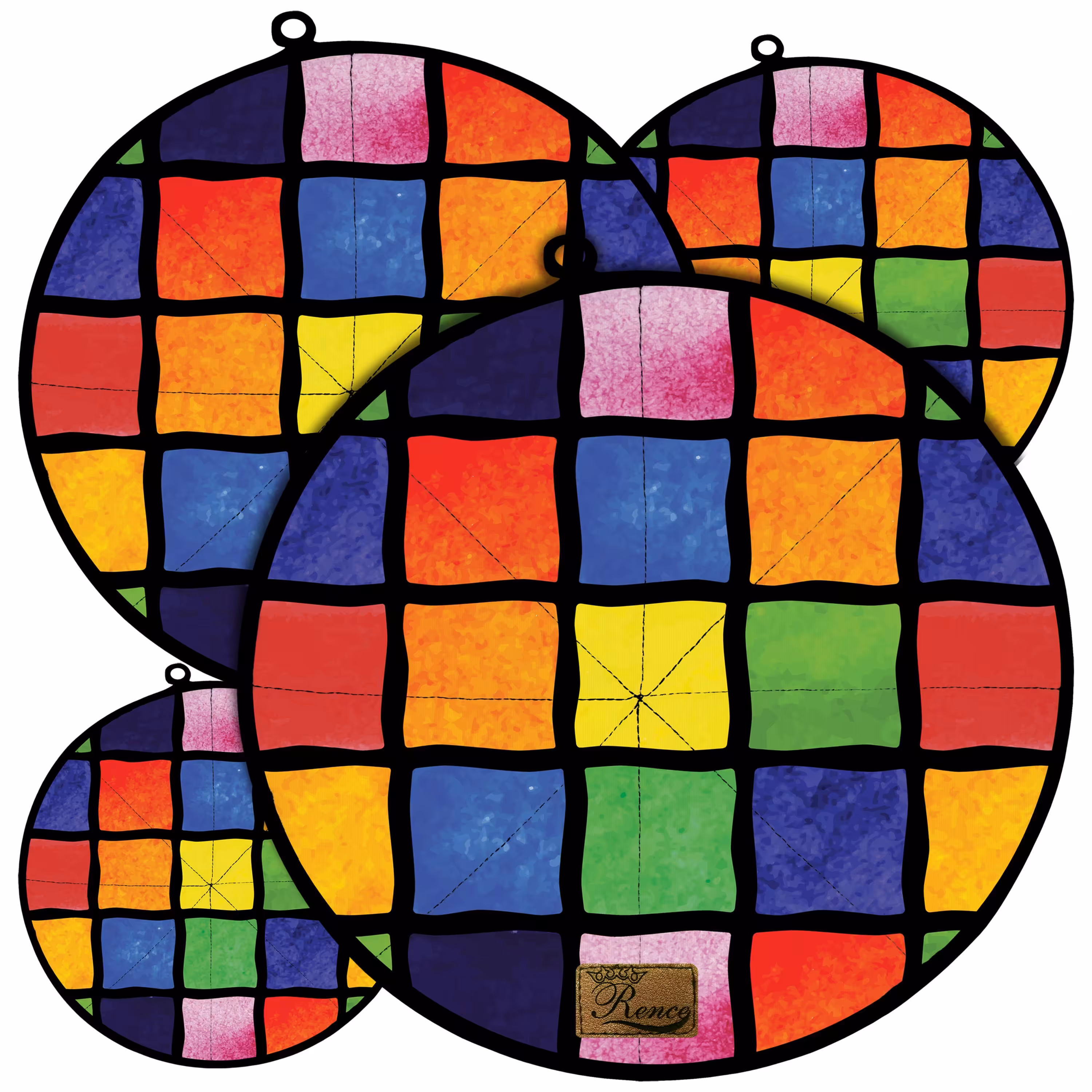 دمکنی ست چهار تکه پارچه ای مخمل دو رو چاپ طرح مربع رنگی سایز 20، 25، 30 و 35 مدل B21-513 شرکت رنس