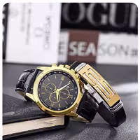 ست ساعت مچی مردانه سیتیزن و دستبند چرم مشکی CITIZEN  باجعبه و باتری اضافه مدل1600