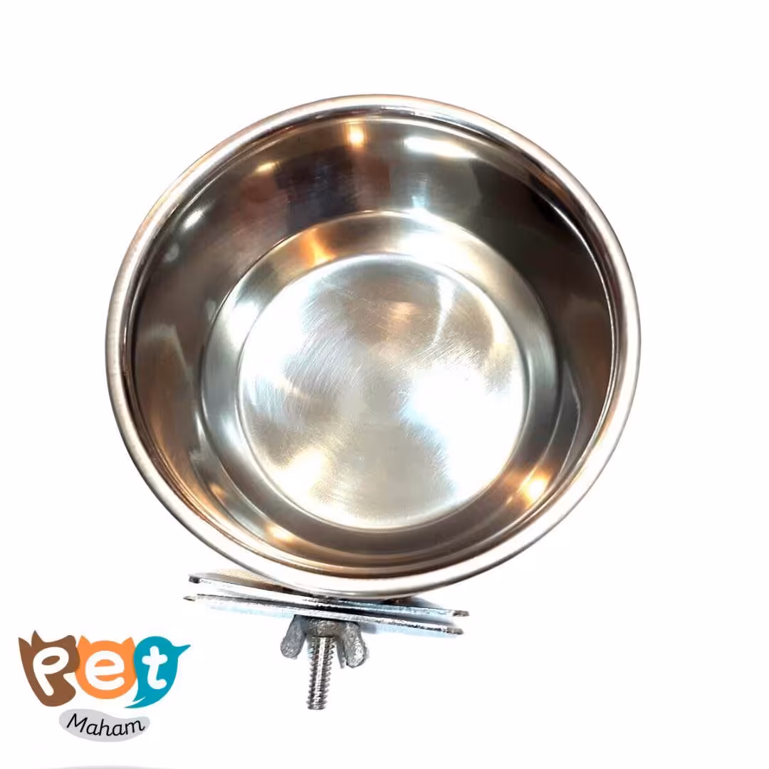 ظرف غذا پرنده مدل کاسه  استیل مخصوص قفس همراه با حلقه شست و شو بسیار آسان 