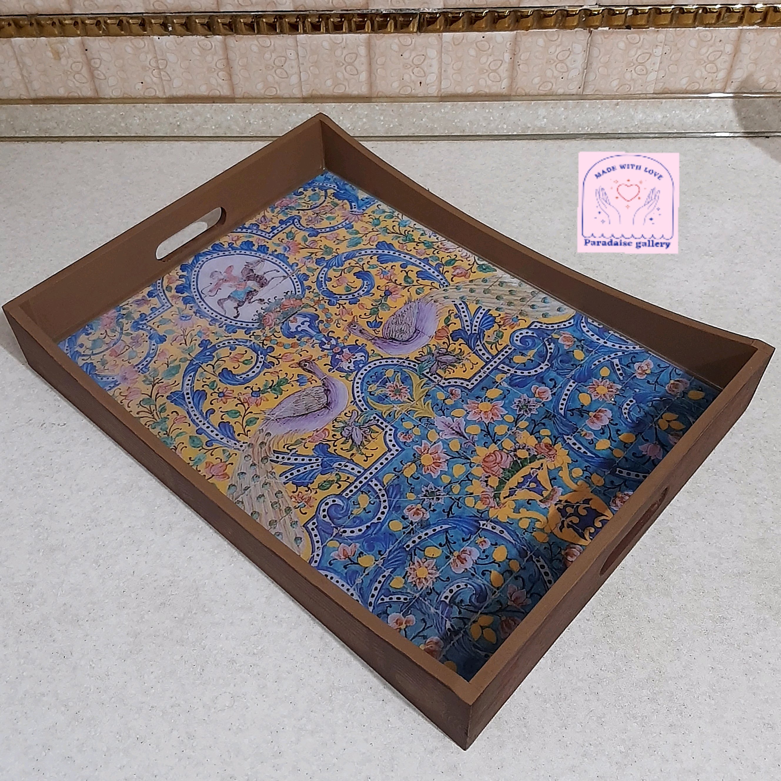سینی چوبی آنتیک طرح طاووس