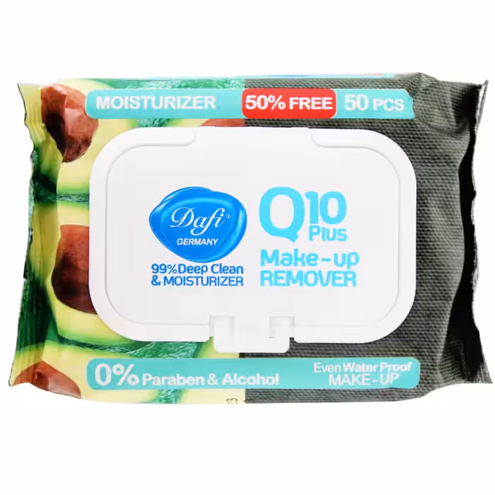 دستمال مرطوب آرایشی دافی مدل Moisturizer حاوی Q10 و عصاره آووکادو بسته 50 عددی (36134)