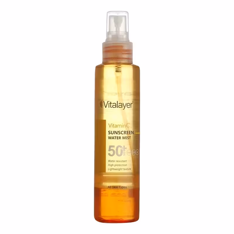 اسپری ضدآفتاب بدون رنگ ویتالیر SPF50 مدل Vitamine C ‌مناسب برای انواع پوست، حجم 150 میلی‌لیتر
