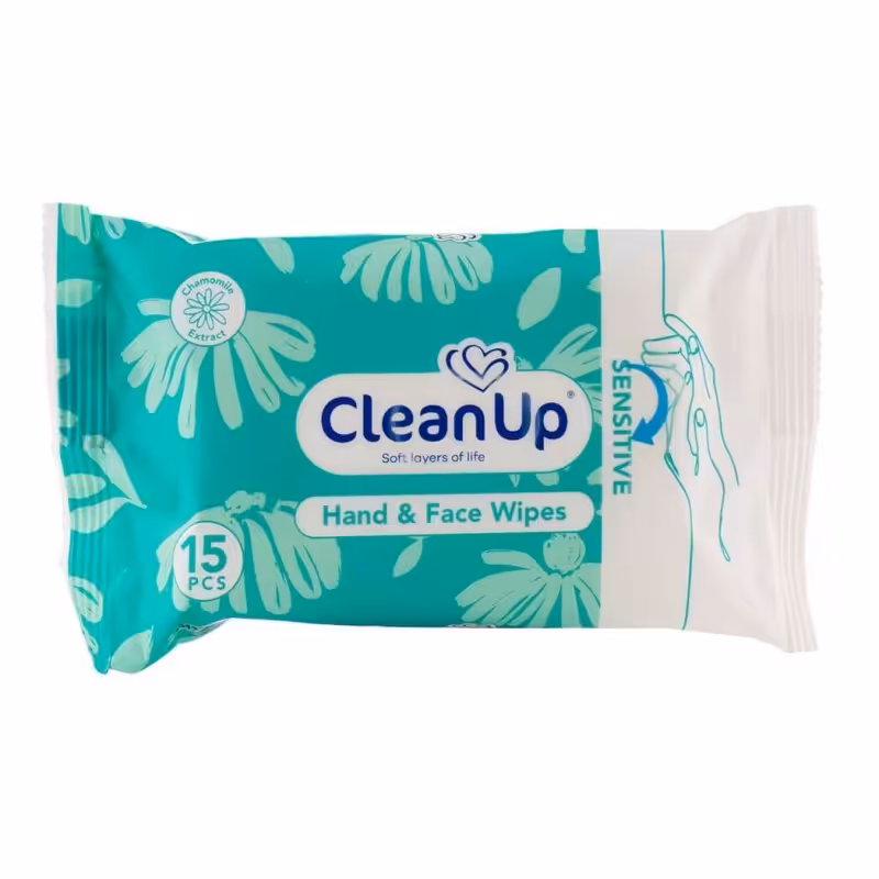 دستمال مرطوب پاک کننده دست و صورت مناسب پوست حساس کلین آپ بسته 15 عددی