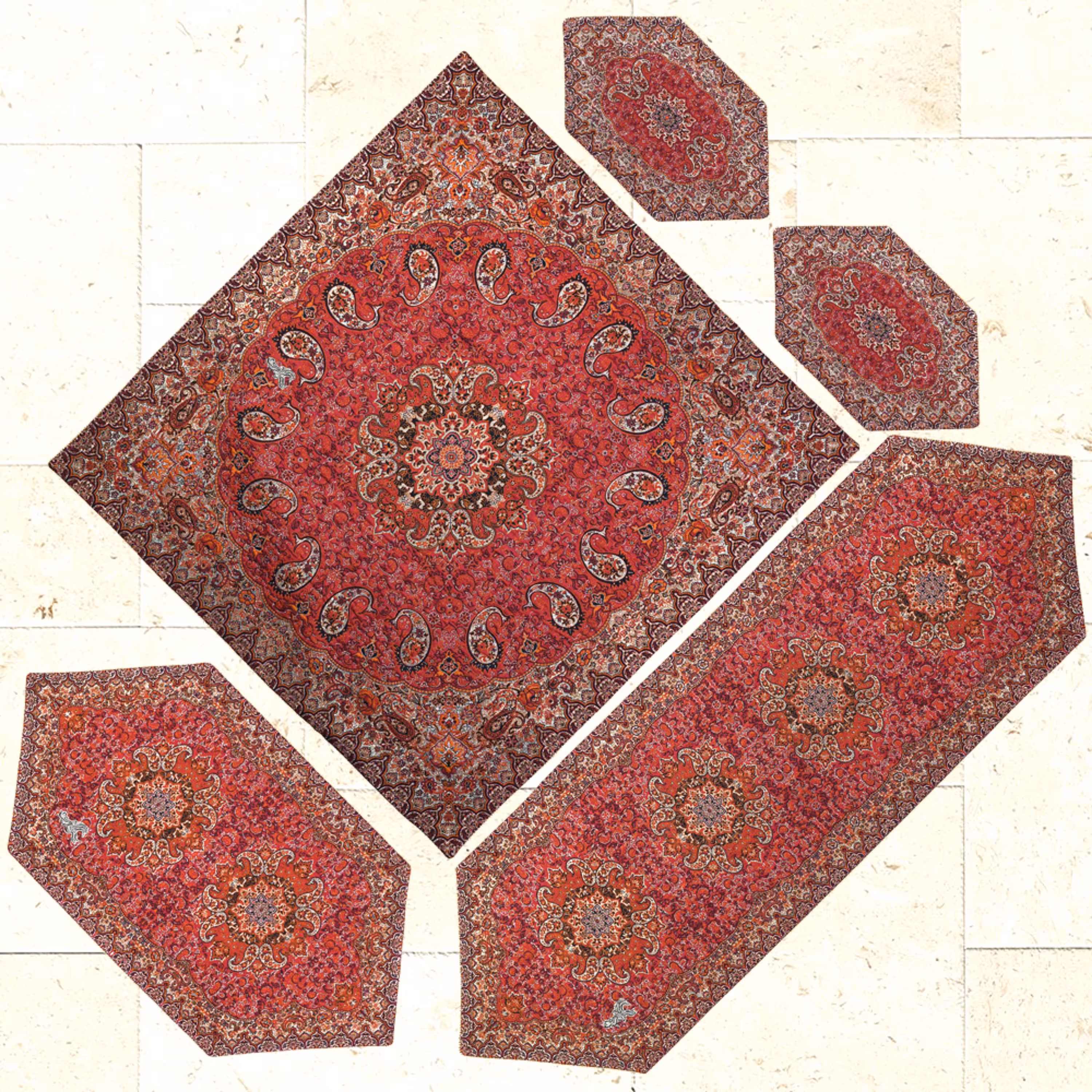 ست 5 تکه رومیزی طرح نسترن قرمز