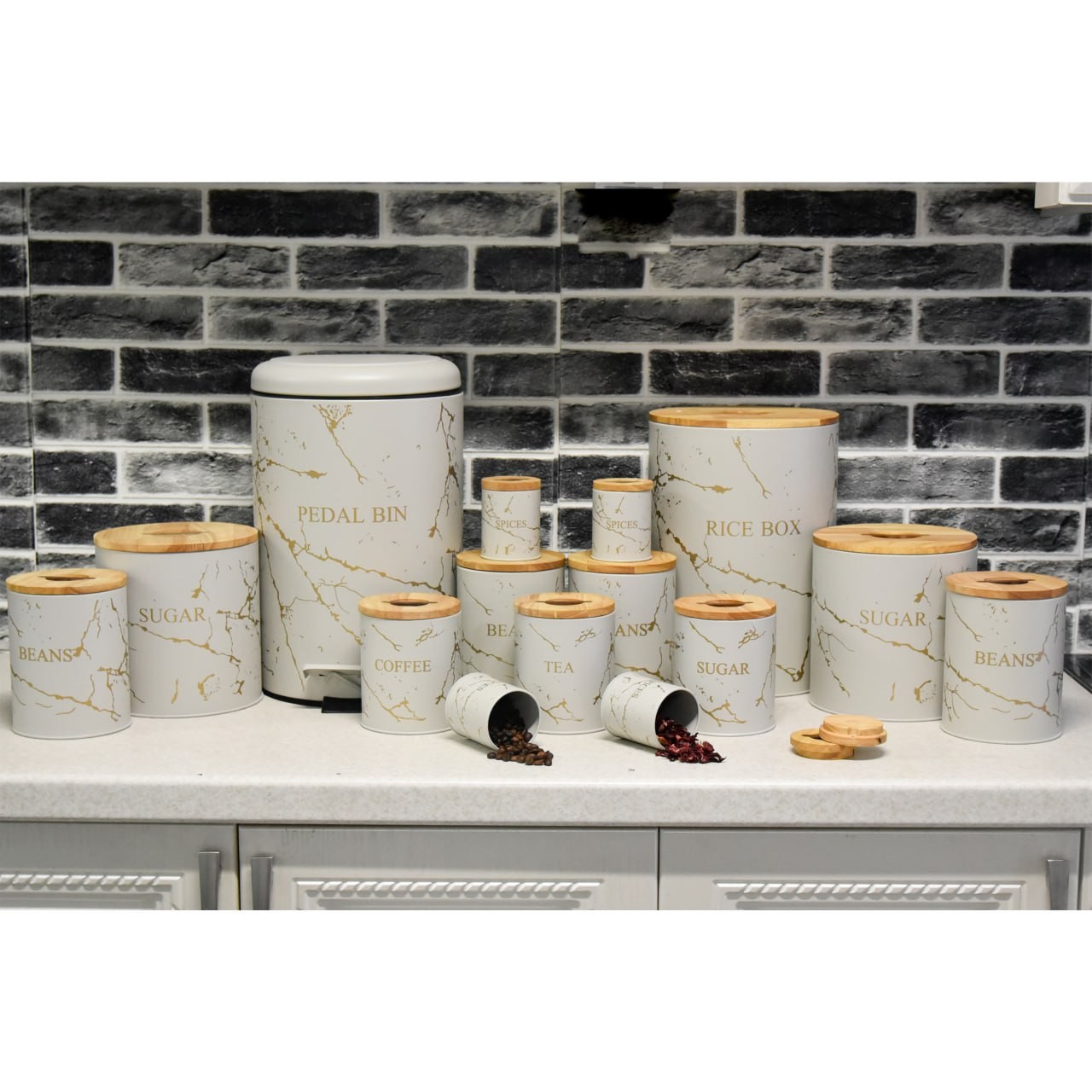 سرویس آشپزخانه 15 پارچه درب بامبو (BVK ) طرح ماربل سفید با طلایی 855596