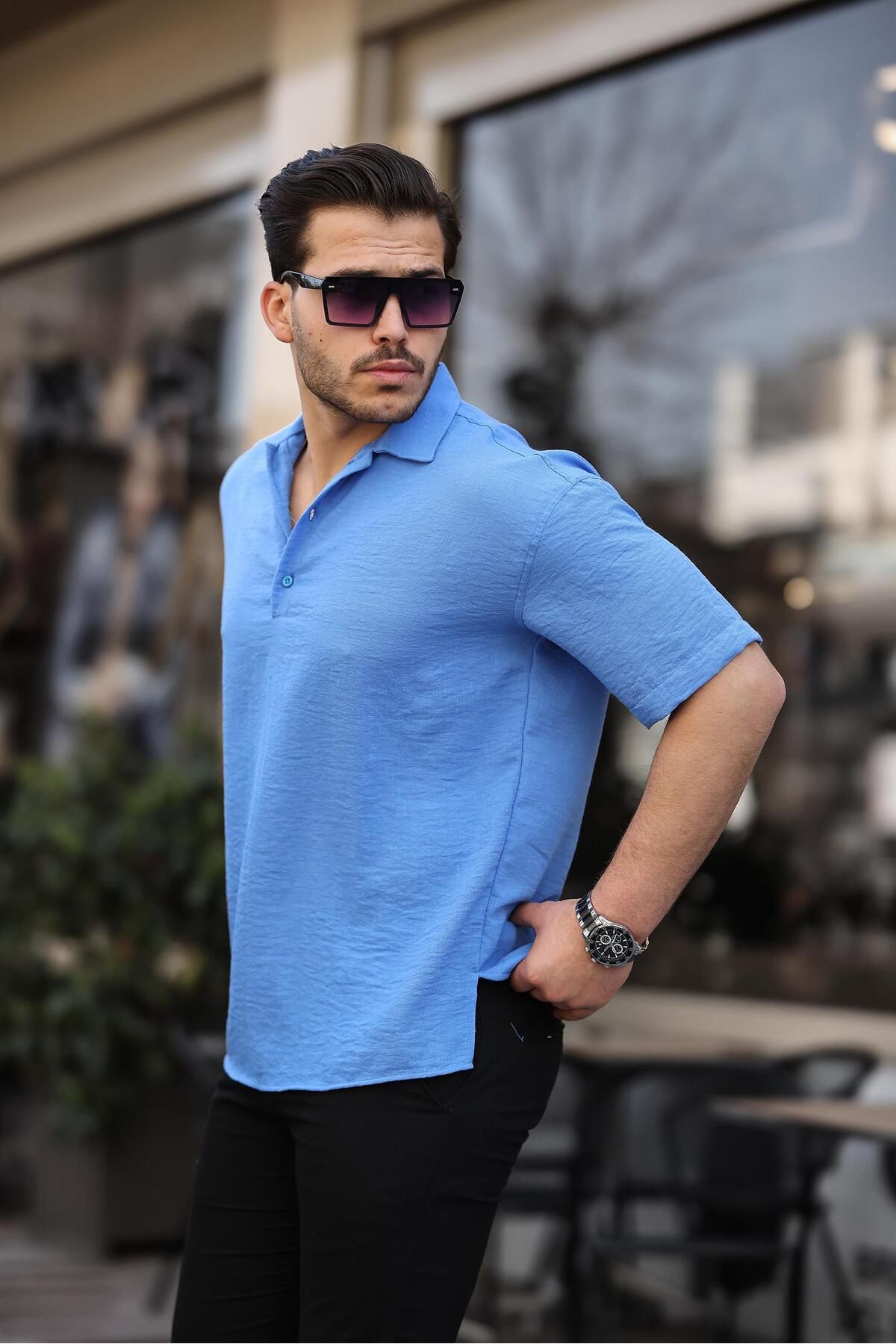 پیراهن / بلوز دکمه دار آبی مردانه POLO YAKA نیمی اورجینال Valiberta
