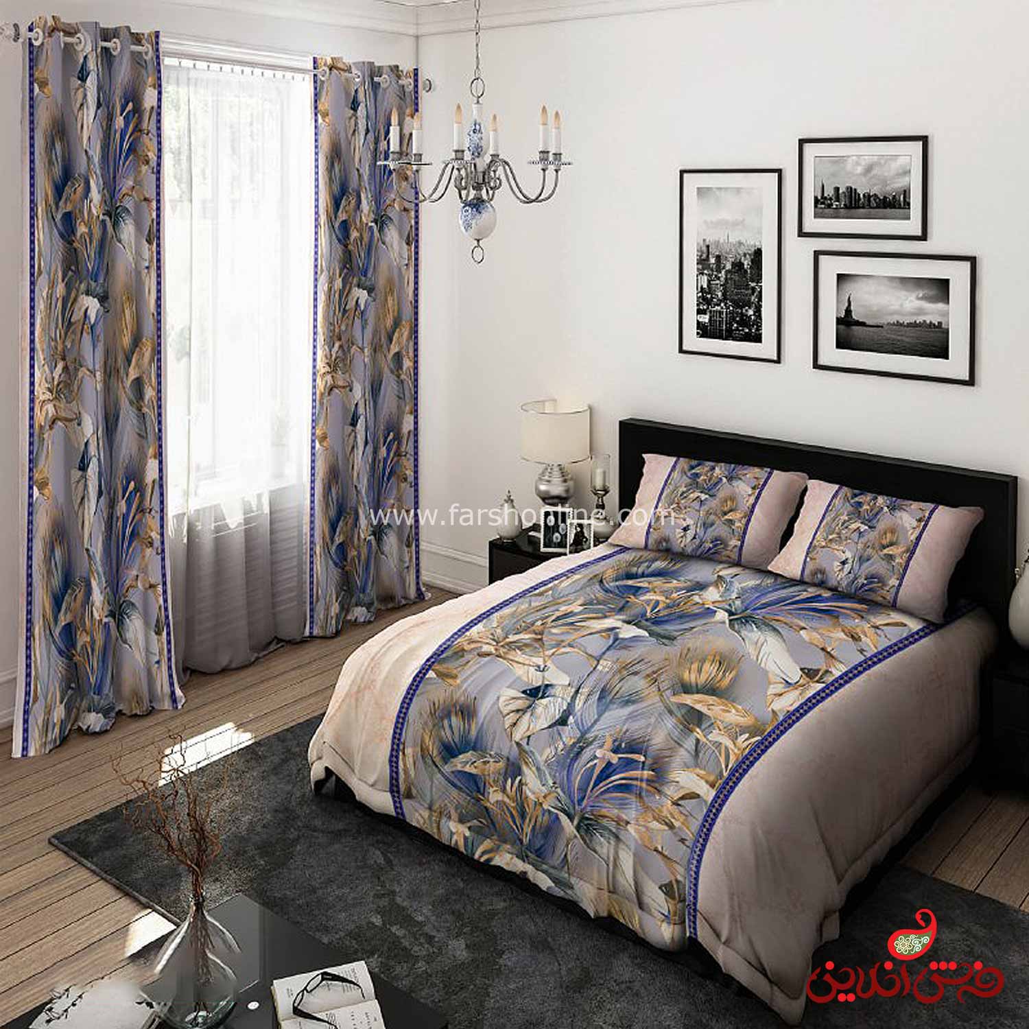 روتختی گلهای طلایی آبی کد 15299