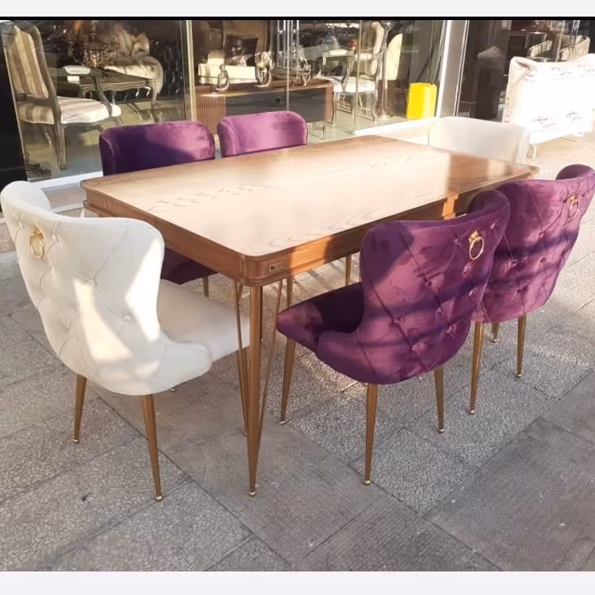 میز و صندلی ناهار خوری 6 نفره استیل نیوچستر سفید بنفش 155*90*77 برند صنعت چوب کارما