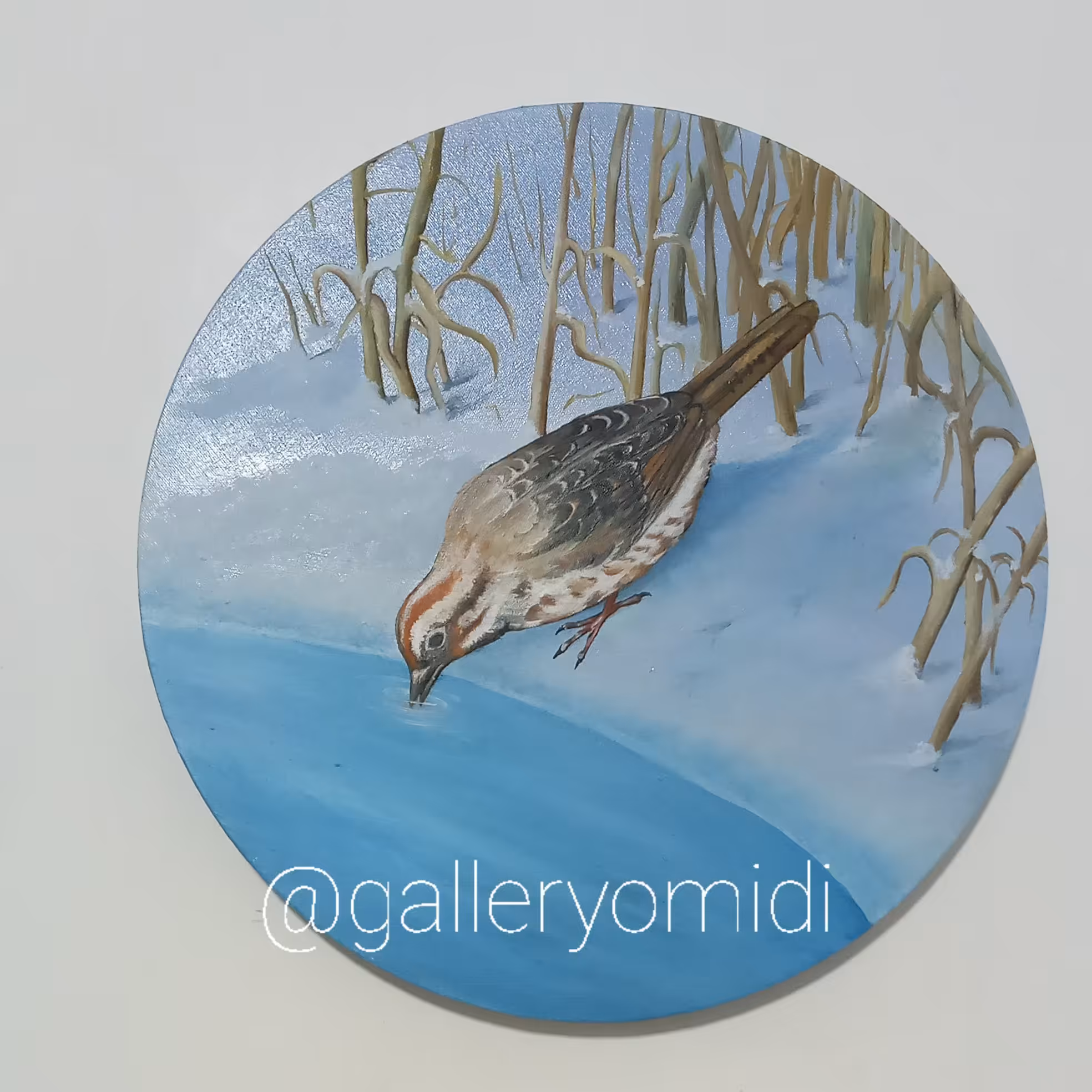 تابلو نقاشی پرنده و منظره برفی رنگ و روغن روی بوم گرد  قابل اجرا با طرح و ابعاد دلخواه شما 