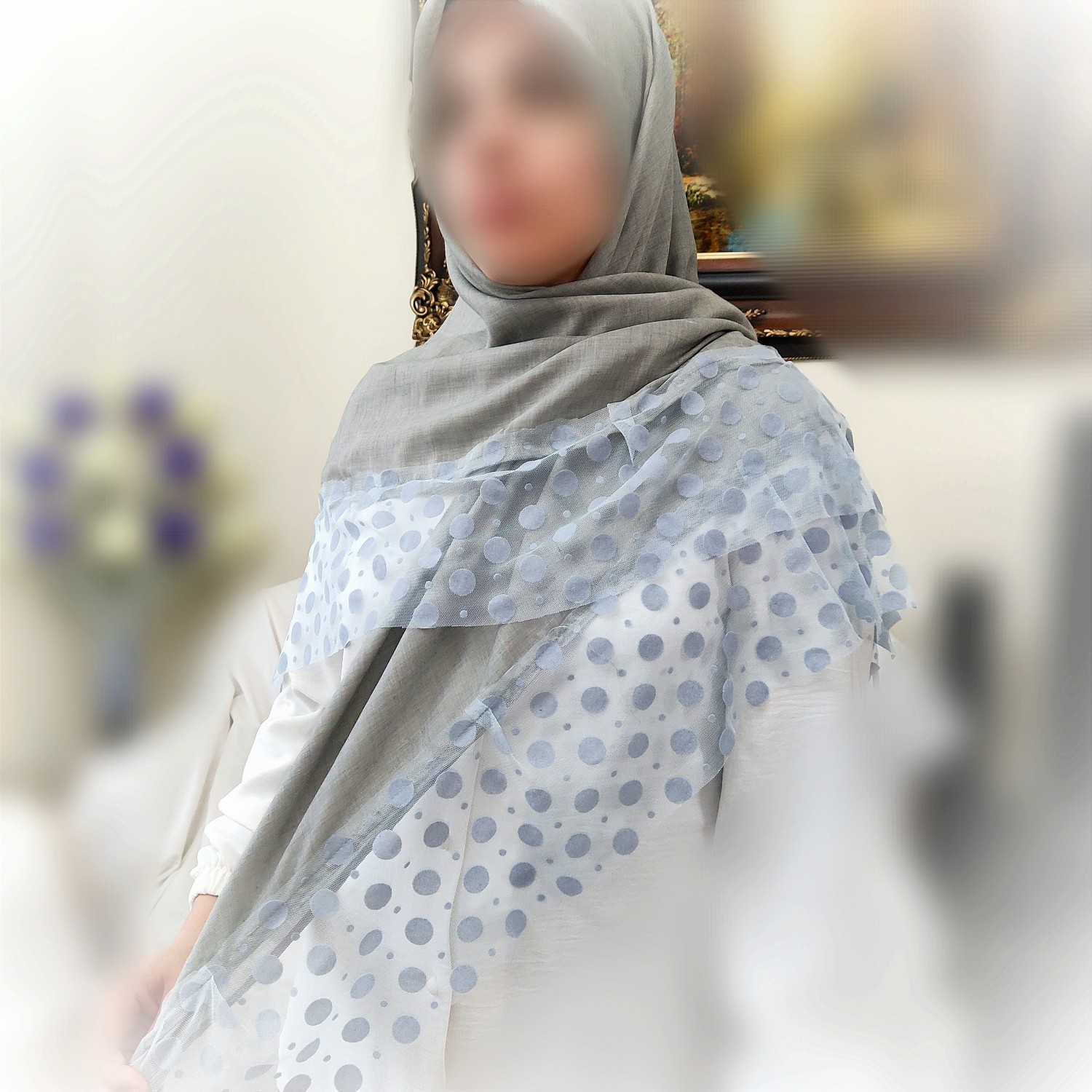 روسری زنانه وال نخ طوسی حاشیه تور خال مخملی مجلسی با ارسال رایگان