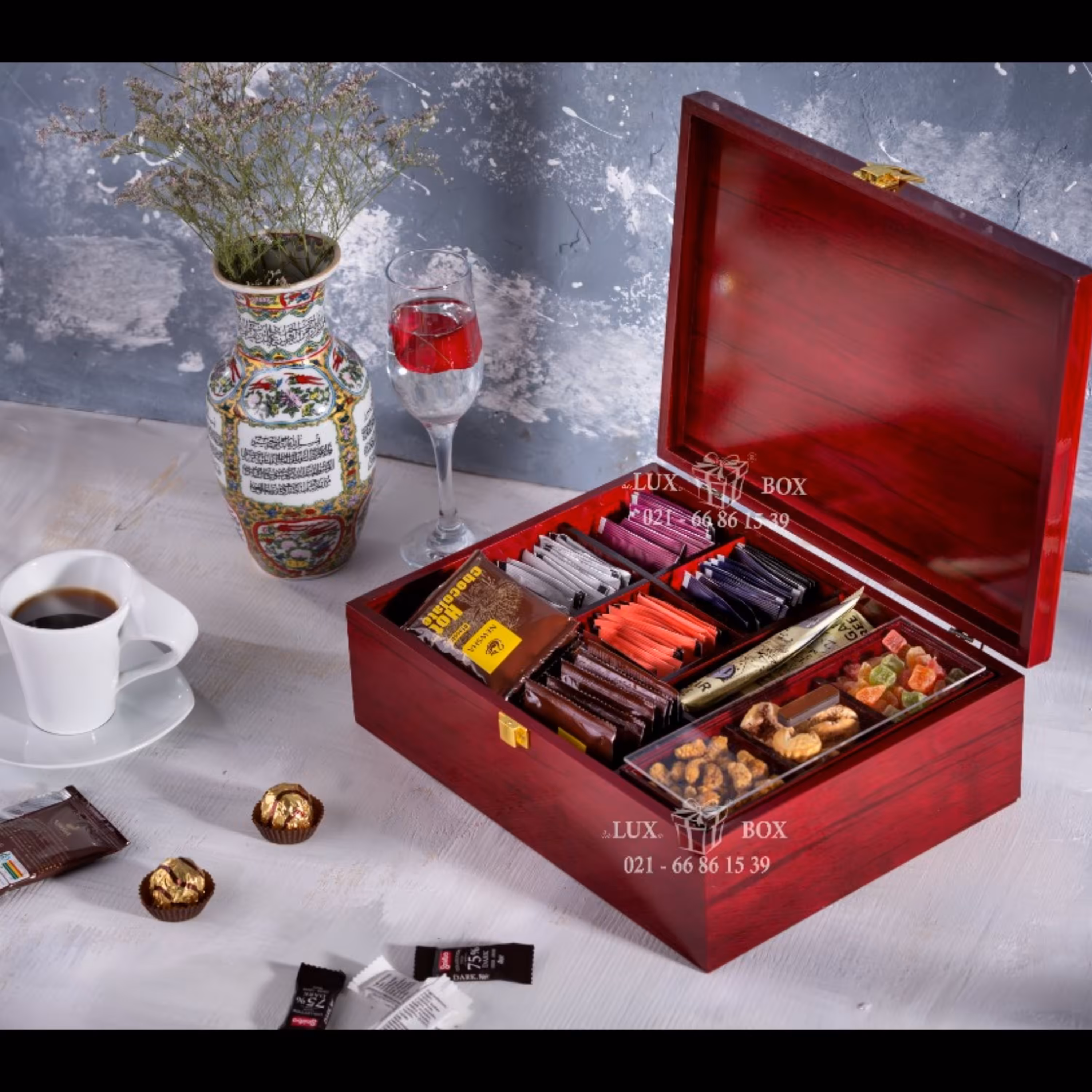 جعبه دمنوش جعبه پذیرایی جعبه چوبی لوکس باکس کد LB109-LM