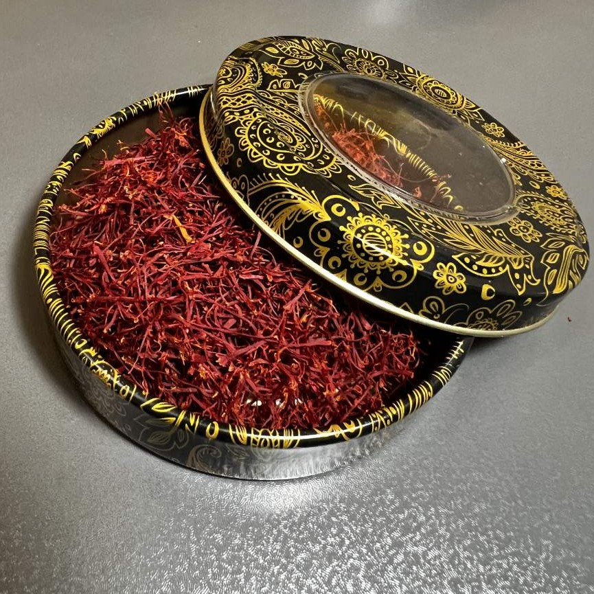 زعفران سرگل 10 گرمی مرغوب در ظرف فلزی خاتم