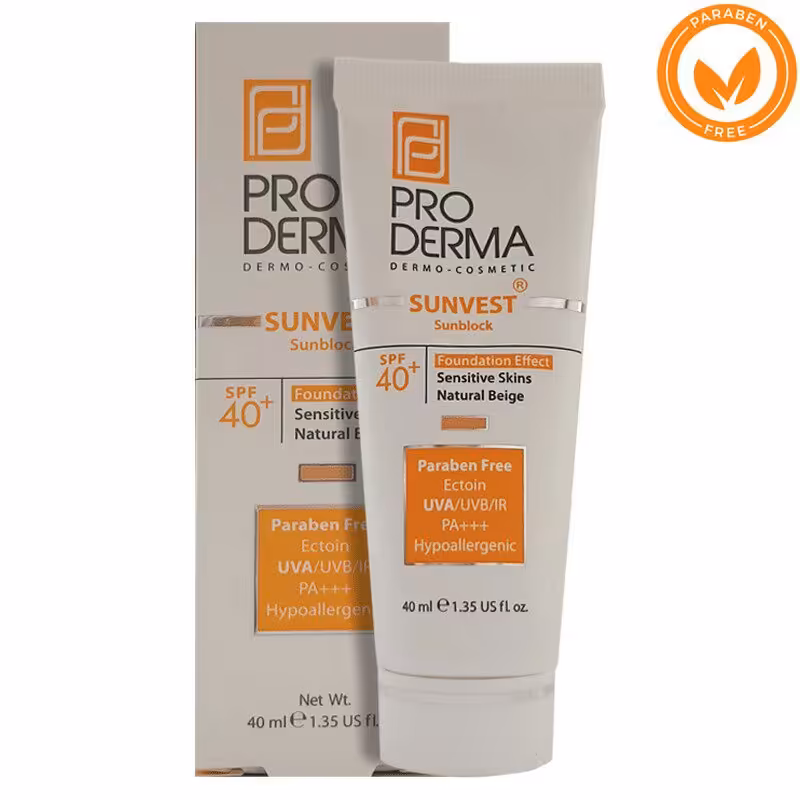 کرم ضدآفتاب فیزیکال SPF40 بژ طبیعی پرودرما مناسب برای پوست های حساس