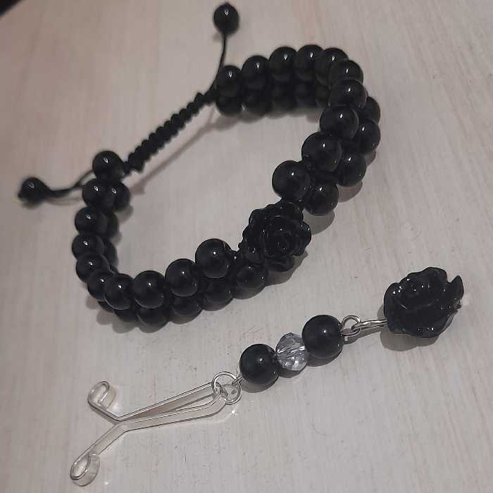 بدلیجات،دستبند بافت دو ردیفه مروارید مشکی، با گره کشویی، همراه گیره روسری ست،کریستالی هم موجوده