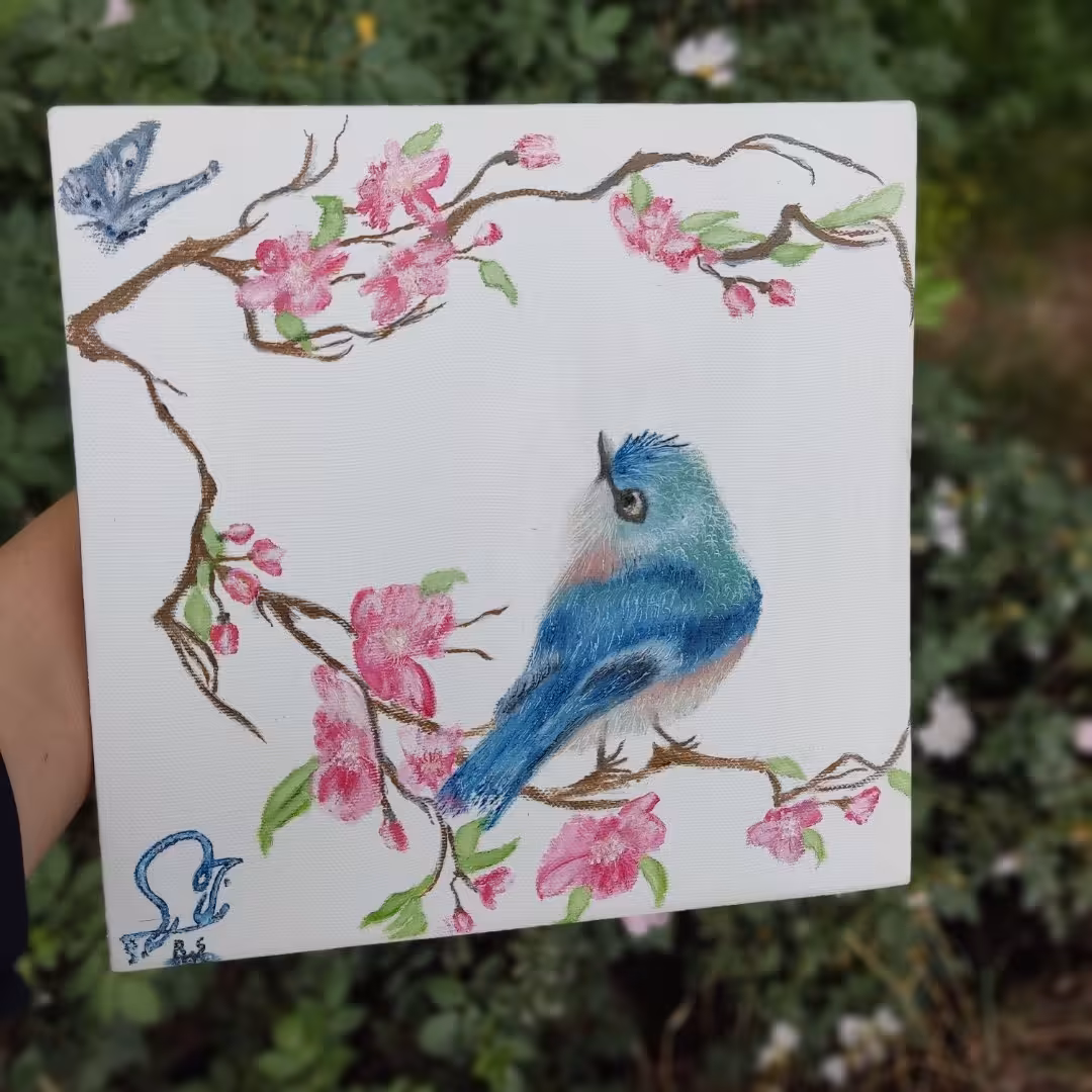 تابلو نقاشی رنگ روغن پرنده دربهار اندازه30در30