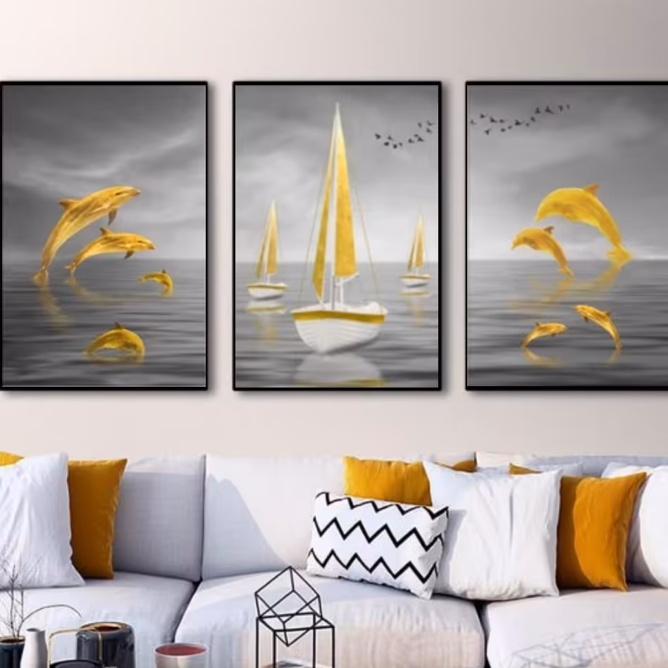تابلو دکوراتیو دلفین وقایق بادبانی سه تکه سایز هر تکه 40در60
