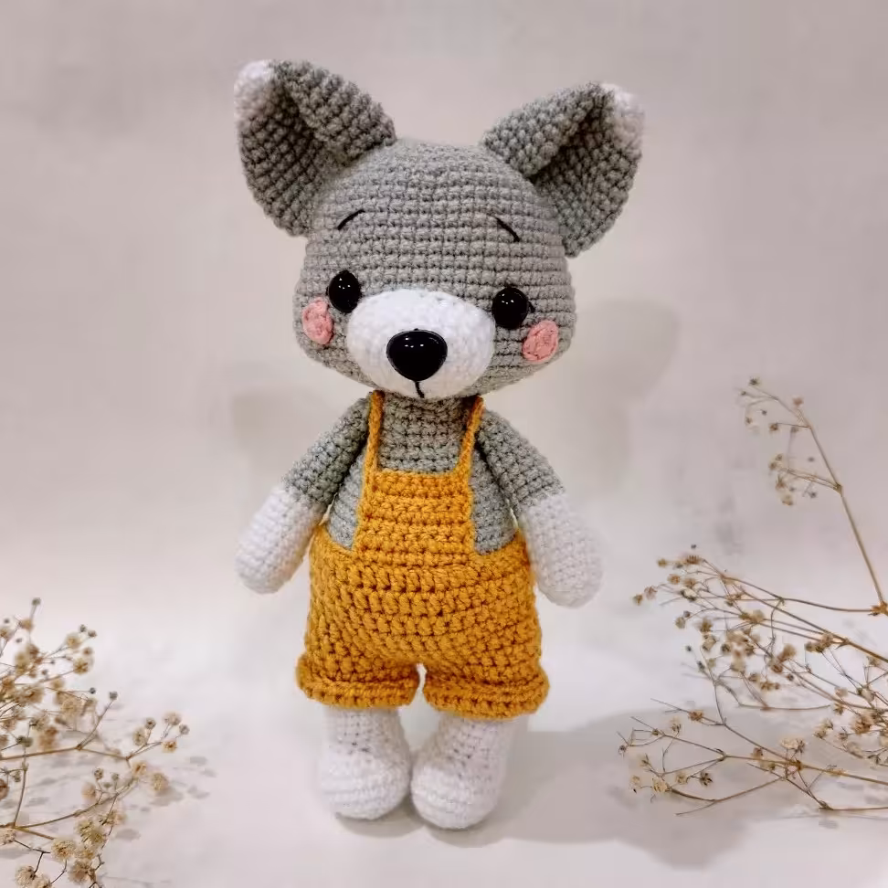 روباه خاکستری بافته شده با کاموا ایرانی درجه یک قابل شستشو اندازه در حدود 20 سانت 